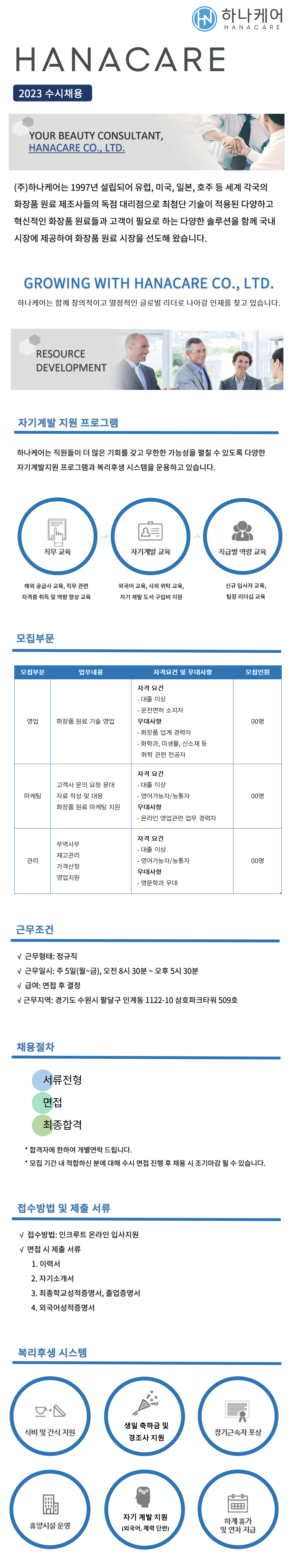 [(주)하나케어] 화장품 영업&마케팅&관리 신입/ 경력 정규직 채용 공고