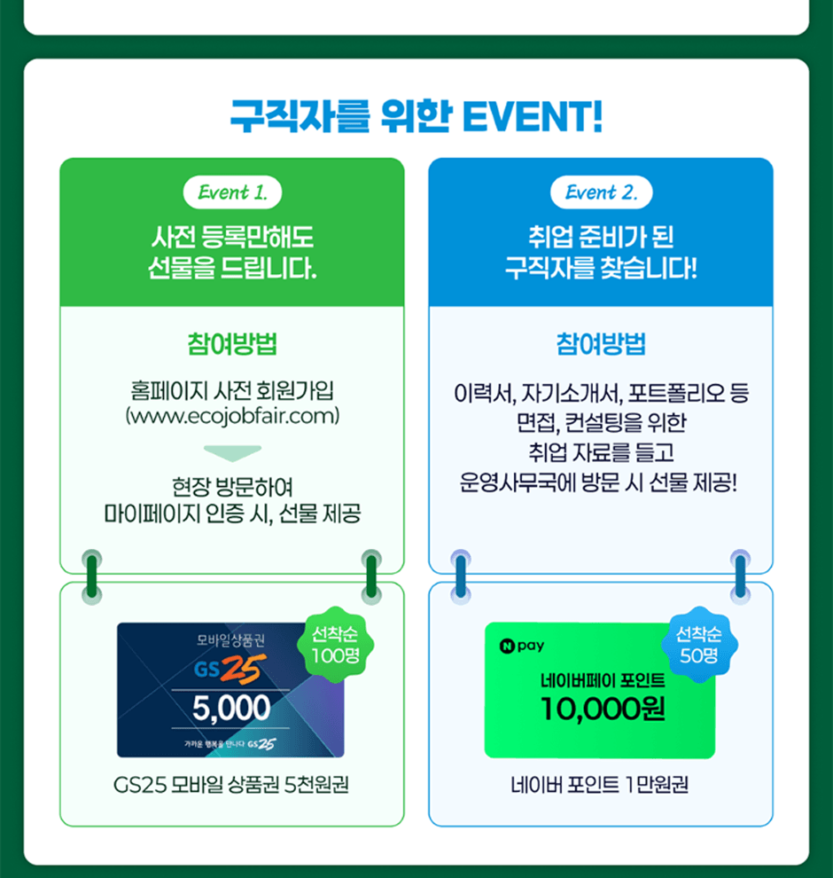 �����ڸ� ���� EVENT! Event 1. ���� ��ϸ��ص� ������ �帳�ϴ�. ������� Ȩ������ ���� ȸ������ (www.ecojobfair.com) ���� �湮�Ͽ� ���������� ���� ��, ���� ���� GS25 ����� ��ǰ�� 5õ���� ������ 100�� Event 2. ��� �غ� �� �����ڸ� ã���ϴ�! ������� �̷¼�, �ڱ�Ұ���, ��Ʈ������ �� ����, �������� ���� ��� �ڷḦ ��� ��繫���� �湮 �� ���� ����! ���̹� ����Ʈ 1������ ������ 50��