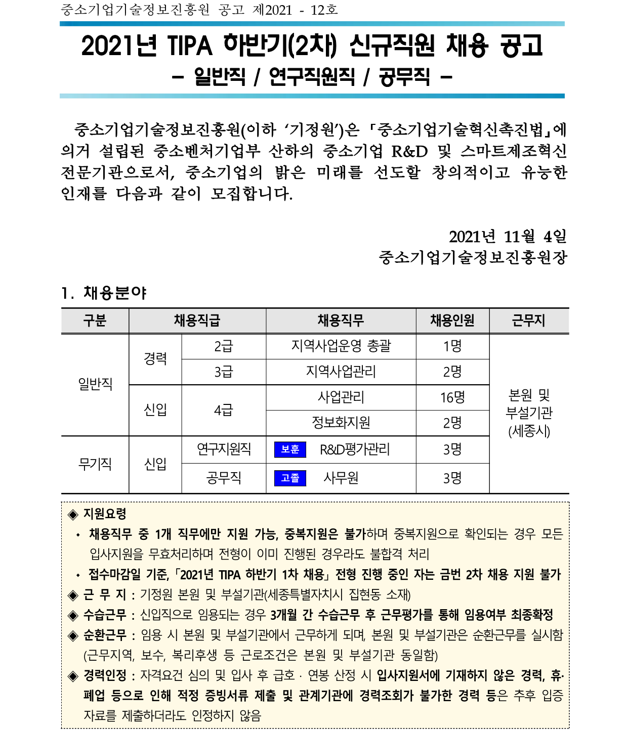 정보 진흥원 채용 중소기업 기술 채용지원 문의