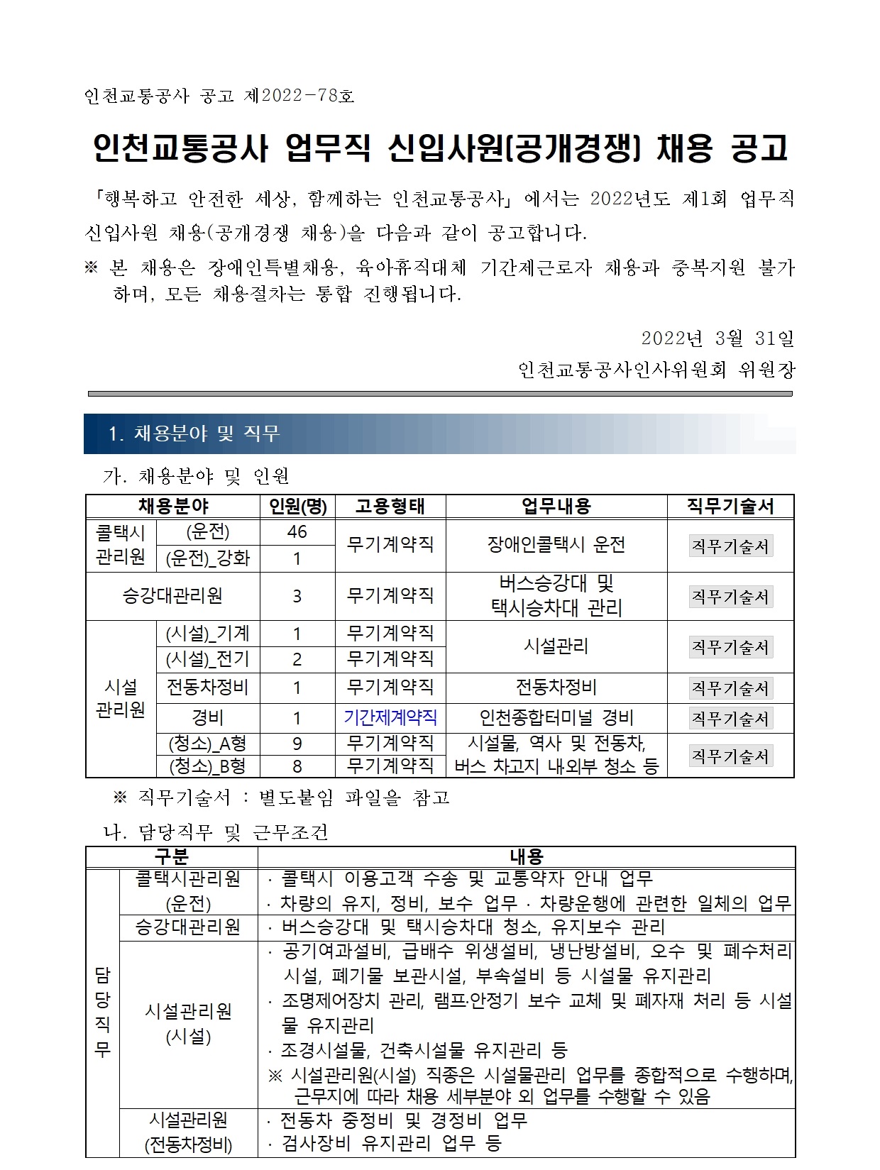 인천교통공사 채용 : 2022년 인천교통공사 업무직 신입사원(공개경쟁) 채용 공고 - 인크루트 채용정보