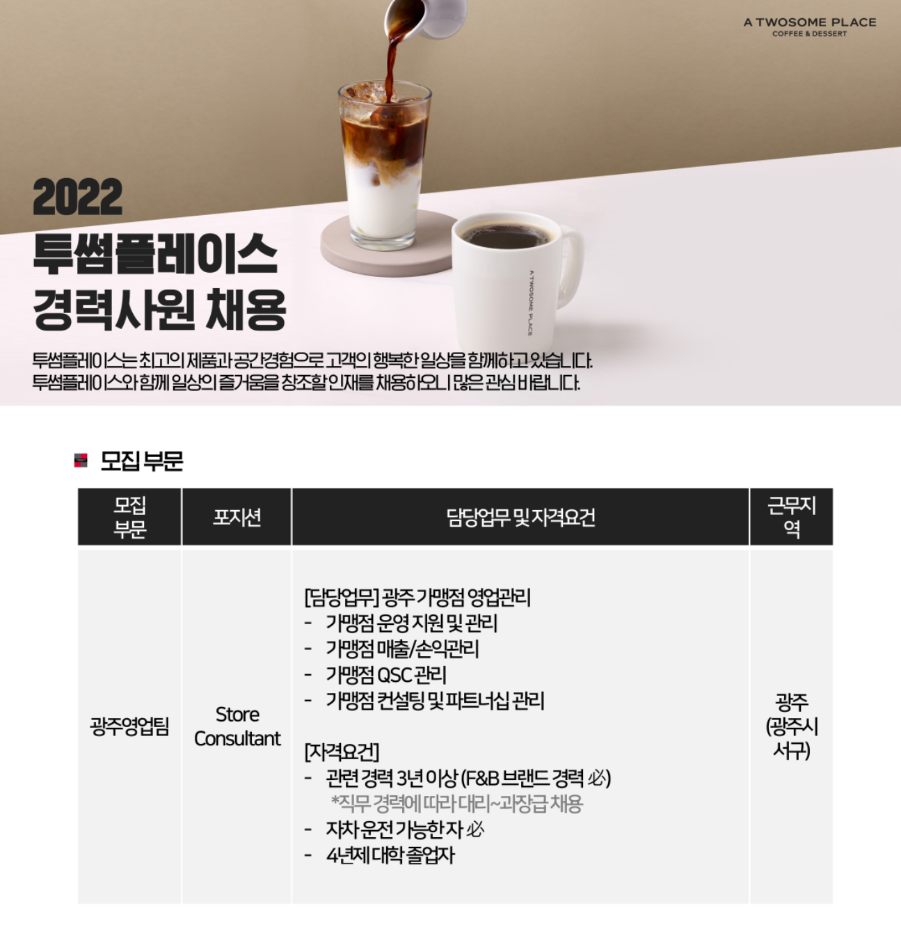 투썸플레이스 채용 : 광주영업팀 Store Consultant 경력사원 채용... 8~) - 인크루트 채용정보 투썸플레이스(주),광주영업팀 Store... 