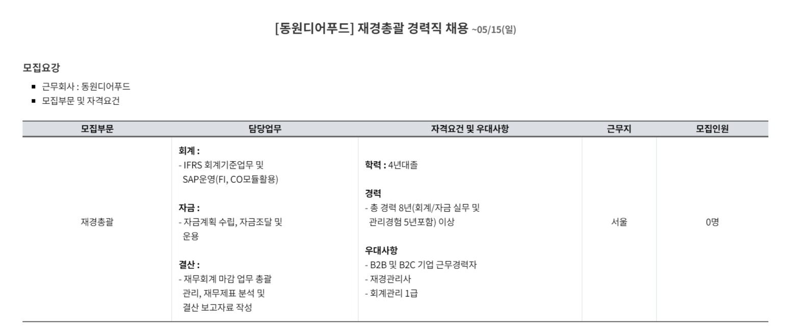 동원디어푸드 채용 : [동원디어푸드]재경총괄 경력직 채용 - 인크루트 채용정보 동원디어푸드,[동원디어푸드]재경총괄 경력직 채용 : 인크루트 채용