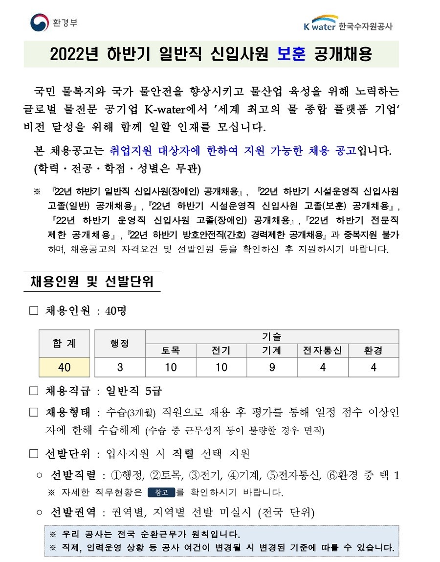 한국수자원공사 채용 : 2022년 하반기 일반직 신입사원 보훈 공개채용 - 인크루트 채용정보