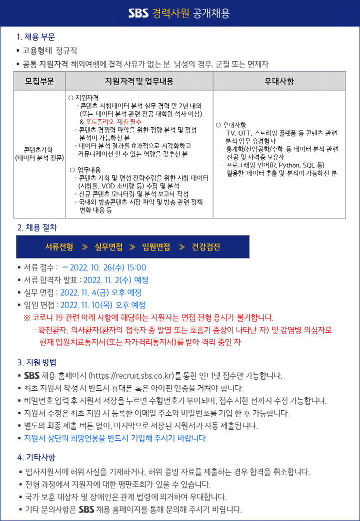 에스비에스 채용 : 경력사원 공개채용(콘텐츠기획 데이터 분석 전문) - 인크루트 채용정보 (주)에스비에스,경력사원 공개채용(콘텐츠기획 데이터... 