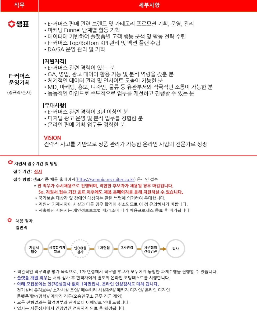 샘표식품 채용 : [영업본부] E-커머스 운영기획(정규직) 채용 - 인크루트 채용정보 샘표식품주식회사,[영업본부] E-커머스 운영기획(정규직)... 