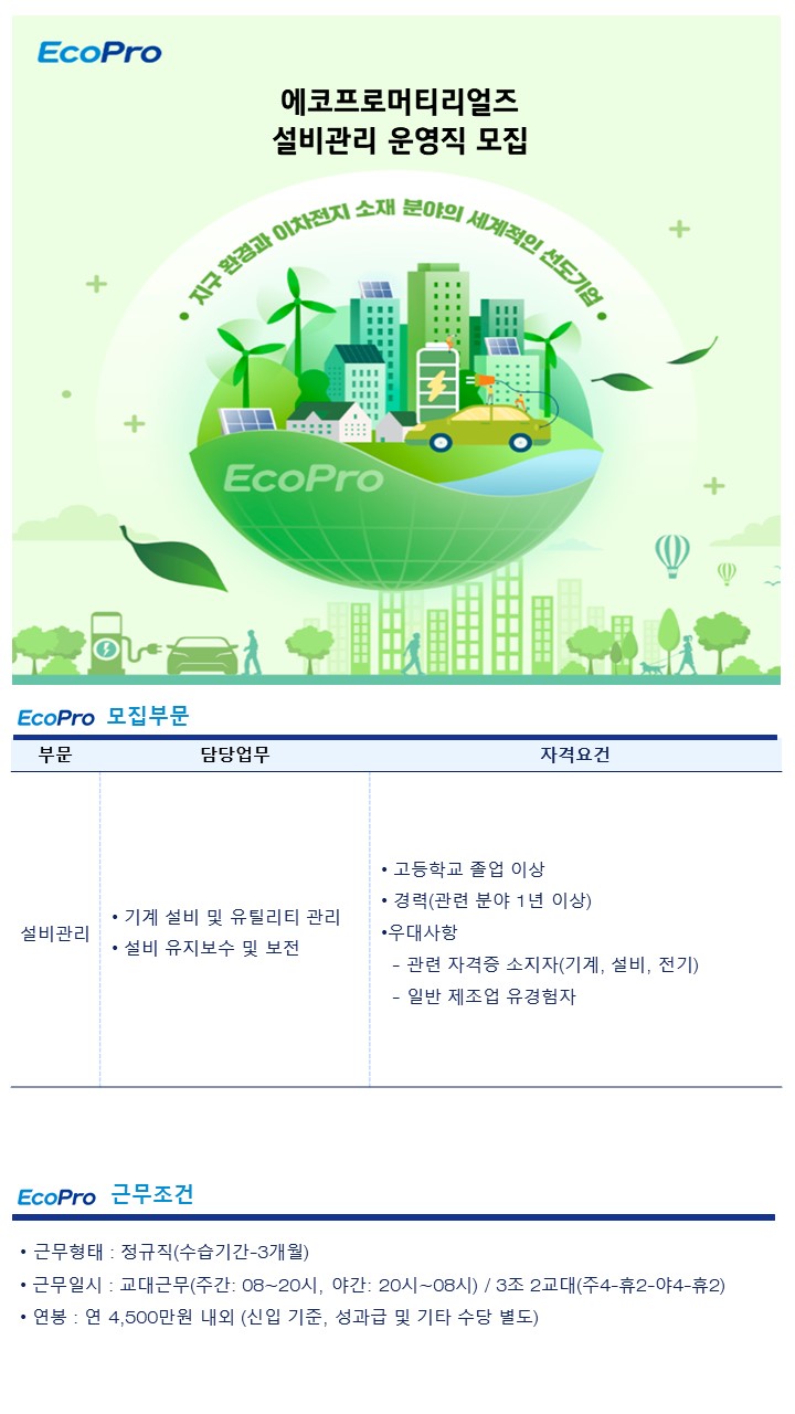 에코프로 채용 : 에코프로머티리얼즈 설비관리 운영직 채용 - 인크루트 채용정보 (주)에코프로,에코프로머티리얼즈 설비관리 운영직 모집... 