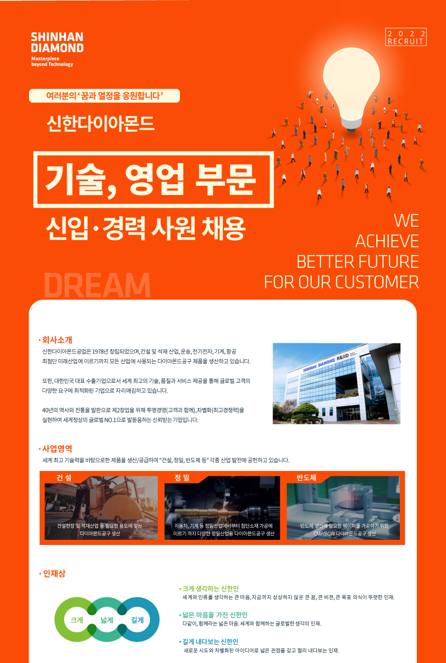 신입·경력직 채용 - 인크루트 채용정보 신한다이아몬드공업(주),[신한다이아몬드공업][인천]기술/영업부문 신입·경력직 채용 : 인크루트 채용