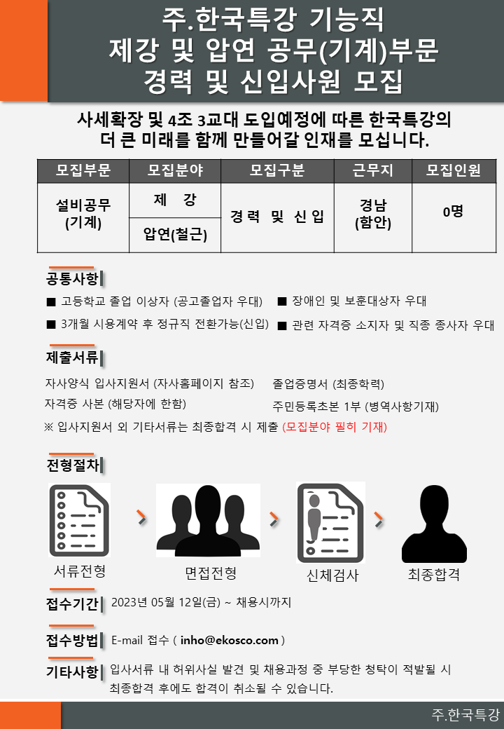 한국특강 채용 : (주)한국특강 기능직 제강/압연(공무) 경력 및 신입사원 채용공고 - 인크루트 채용정보 (주)한국특강,(주)한국특강 기능직 제강... 