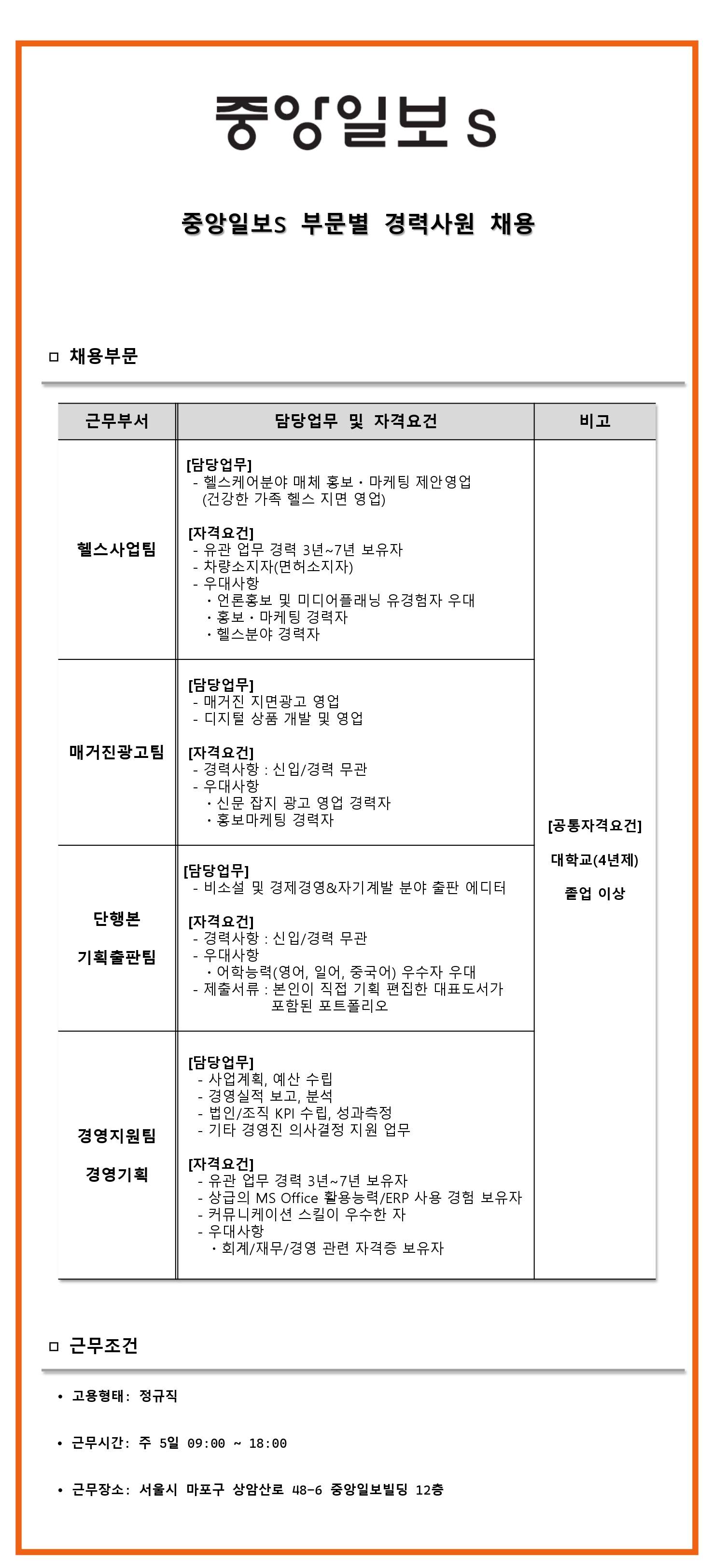 중앙일보에스 채용 : 중앙일보S 부문별 경력사원 채용 - 인크루트 채용정보 중앙일보에스 주식회사,중앙일보S 부문별 경력사원 채용 : 인크루트... 