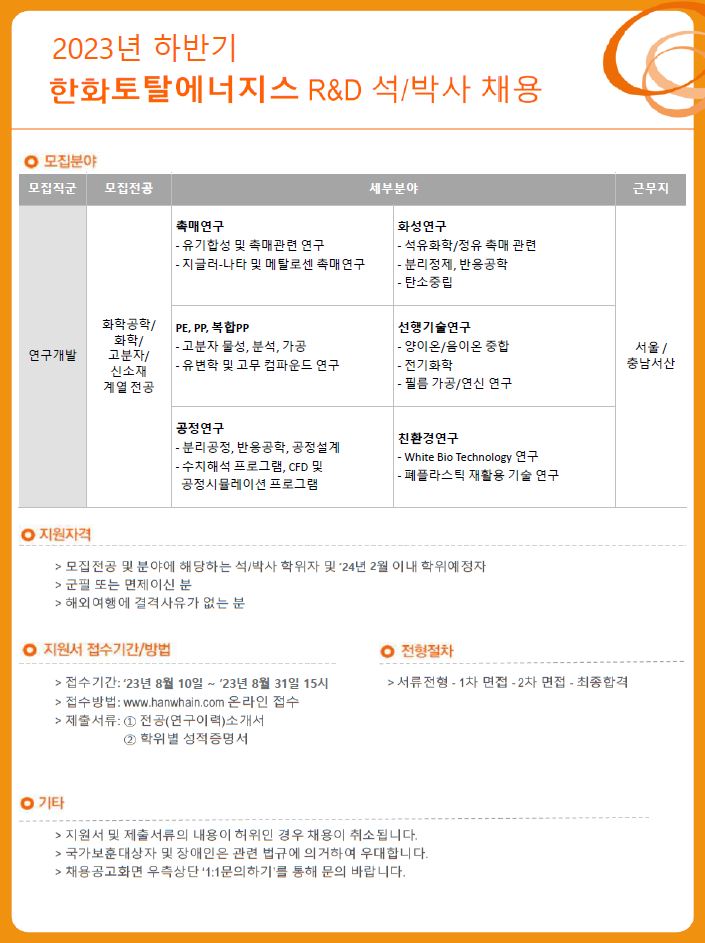 한화토탈 채용 : 2023년 하반기 R&D 석/박사 채용 - 인크루트 채용정보 한화토탈(주),2023년 하반기 R&D 석/박사 채용 : 인크루트 채용