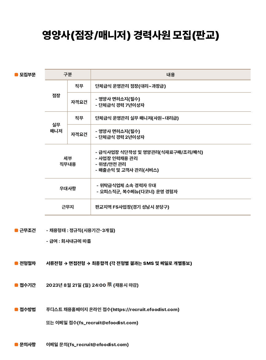 푸디스트 채용 : [영양사] 단체급식운영관리 점장/매니저 경력사원 채용(판교) - 인크루트 채용정보 푸디스트 주식회사,[영양사] 단체급식운영관리... 