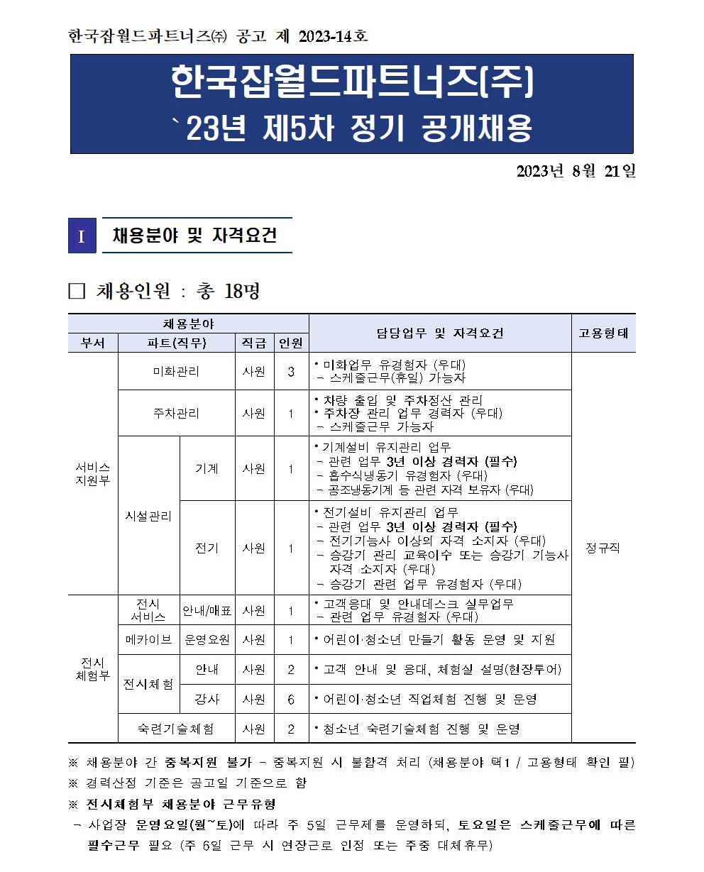 한국잡월드파트너즈 채용 : [공고 제2023-14호] 2023년 제5차 정기 공개채용 - 인크루트 채용정보 한국잡월드파트너즈(주),[공고 제2023... 