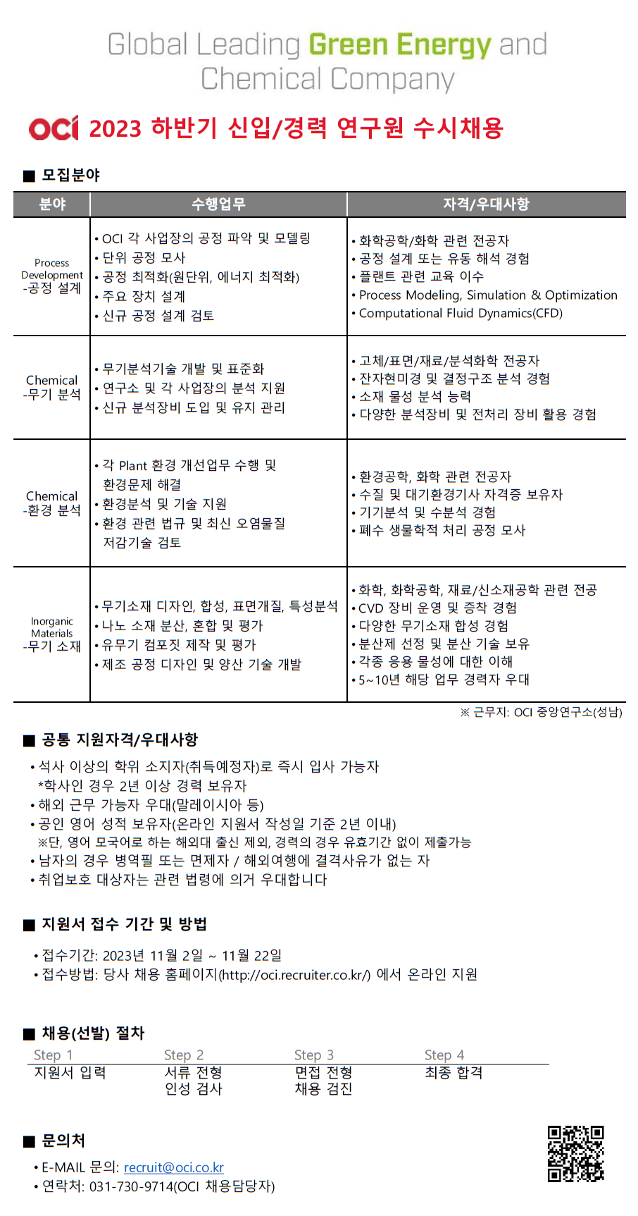 오씨아이홀딩스 채용 : 2023 OCI 하반기 신입/경력 연구원 수시채용... 채용정보 오씨아이홀딩스,2023 OCI 하반기 신입/경력 연구원 수시채용... 