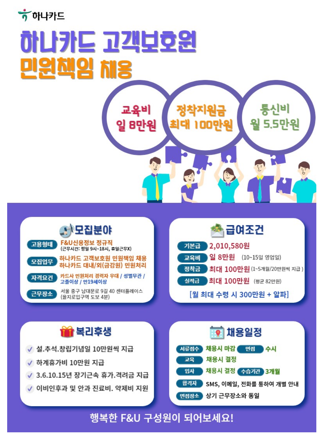 에프앤유신용정보 [서울] 하나카드 고객보호원 민원책임 채용