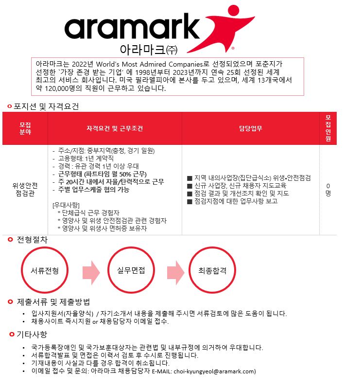 채용 - 인크루트 채용정보 아라마크 주식회사,[아라마크] 중부지역(경기,충남,충북,대전,세종,군산 등) 위생 안전점검관 채용 : 인크루트 채용