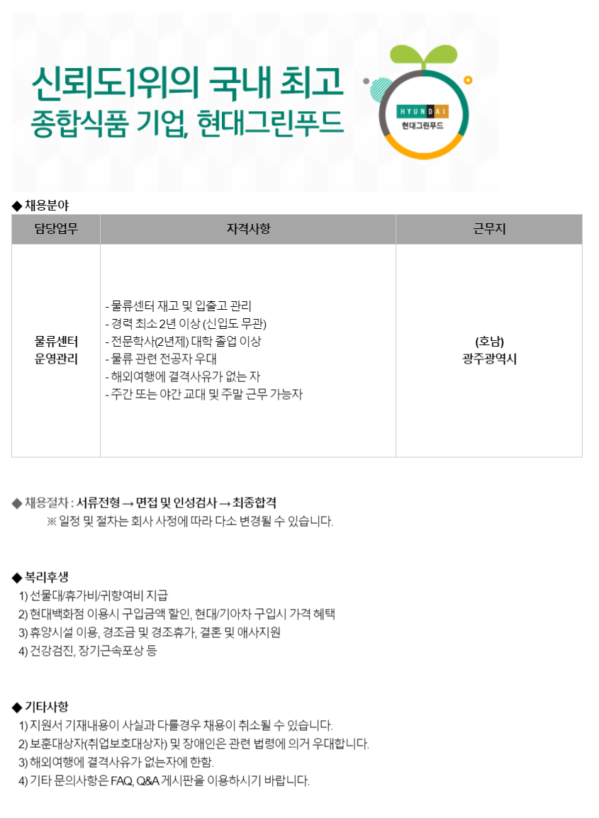 현대그린푸드 채용 : [호남] 물류센터 운영사원 경력채용 - 인크루트 채용정보 (주)현대그린푸드,[호남] 물류센터 운영사원 경력모집 : 인크루트 채용