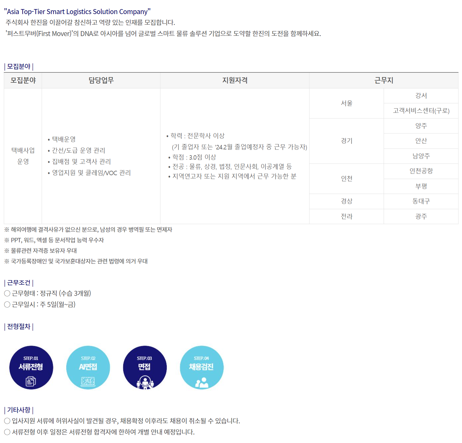 (주)한진 물류전문직(초대졸) 신입 채용(택배사업)