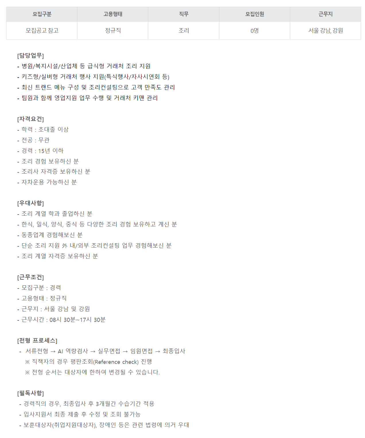 아워홈 채용 : 조리컨설팅(영업지원 조리사) 경력채용 - 인크루트 채용정보 (주)아워홈,조리컨설팅(영업지원 조리사) 경력채용 : 인크루트 채용