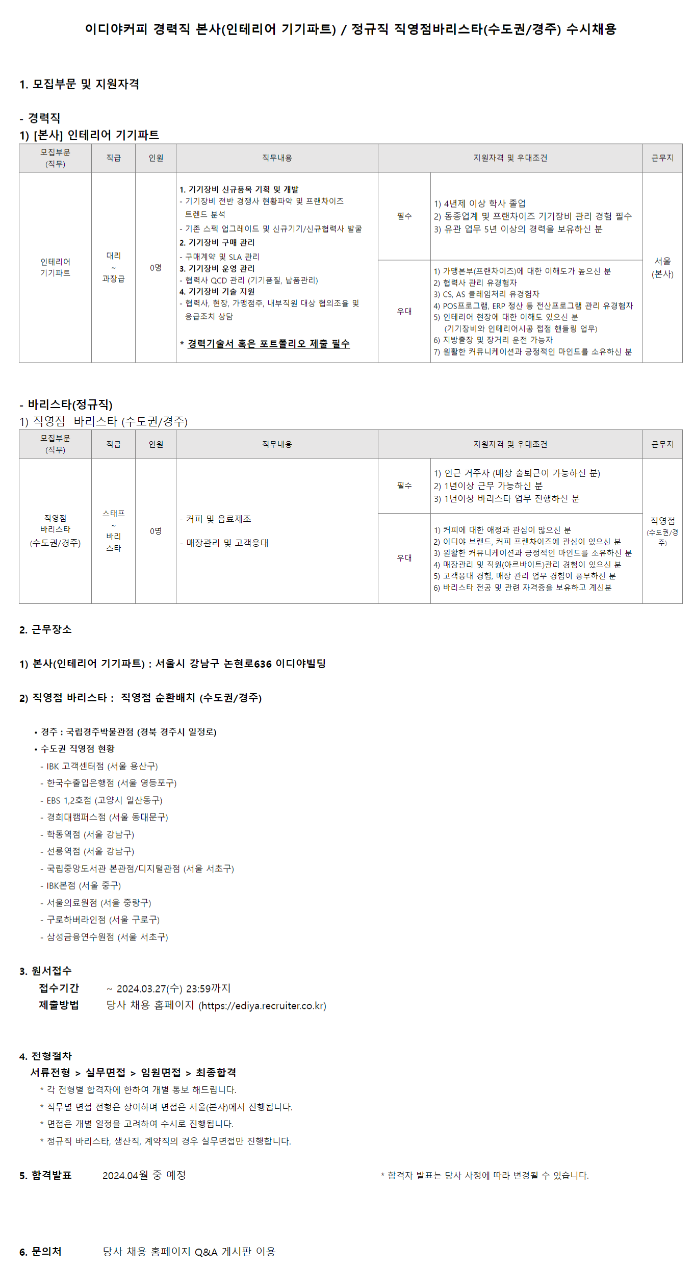 이디야 채용 : [이디야커피] 2024년 경력직(인테리어 기기파트) / 정규직 직영점바리스타(수도권/경주) 수시채용 - 인크루트 채용정보 (주)이디야... 