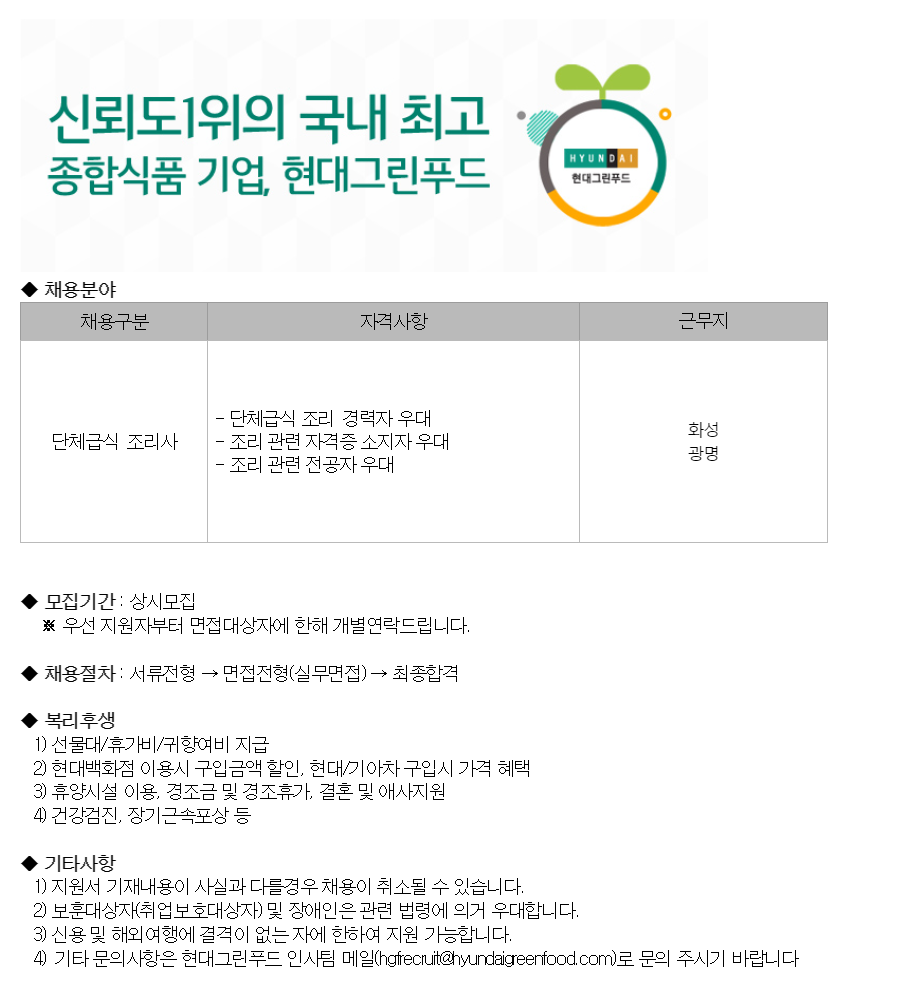 현대그린푸드 채용 : [화성,광명] 단체급식 경력조리사 채용 - 인크루트 채용정보 (주)현대그린푸드,[화성,광명] 단체급식 경력조리사 모집... 